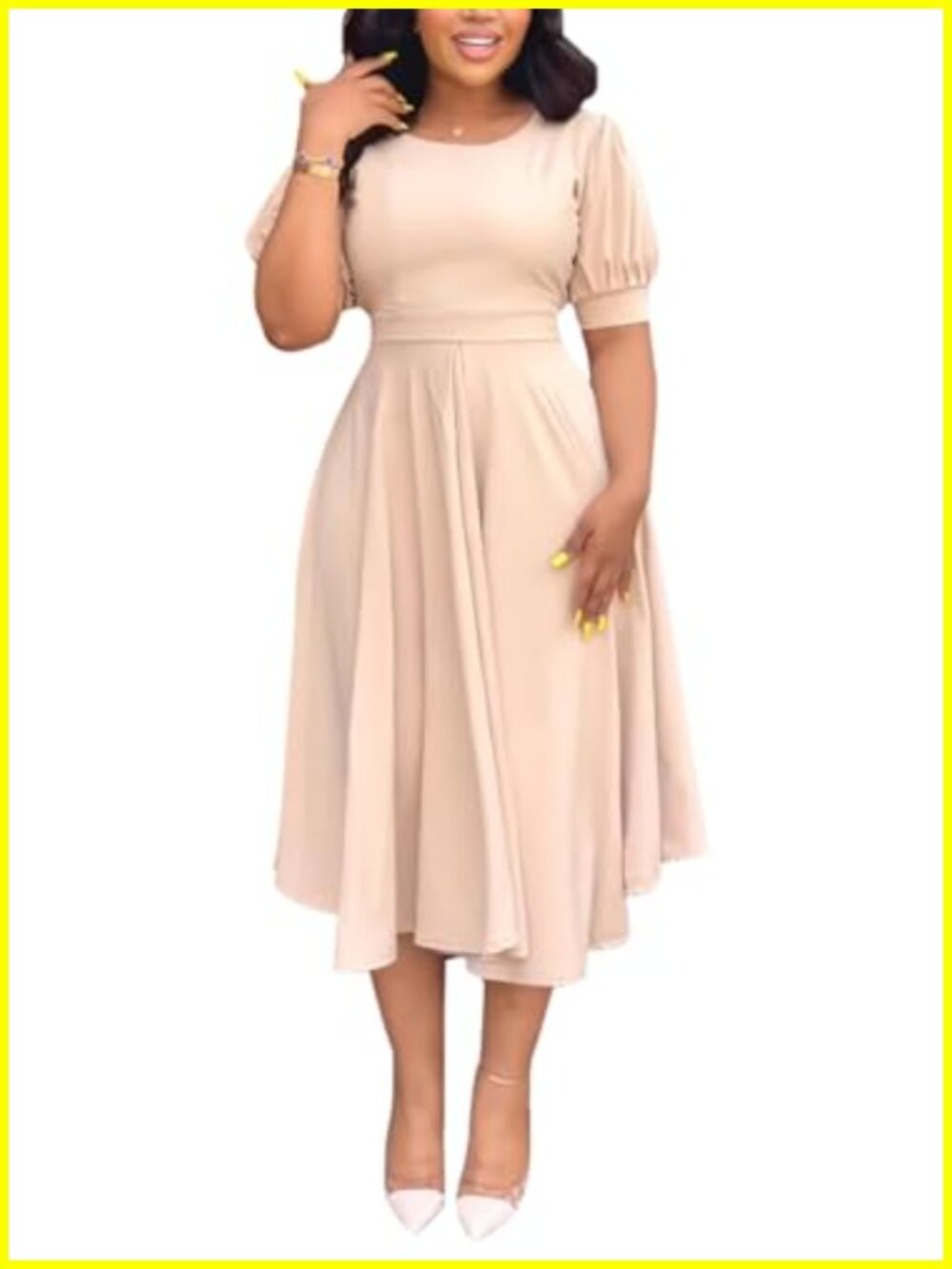 Semi-Formal Maxi Dress for Women, Short Puff Sleeve, A-Line Swing, Polyester &